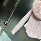 2022 Winter New Arrival Rabbit Fur Collar Single Breasted Buttons Pink Slim Sweater Women Knitted Cardigans