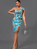 Party Dress 2022 New Women's Blue Bodycon Dress Elegant Sexy Ruffle Evening Club Dress High Quality Summer
