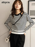 2022 Autumn Winter Women's Stripe Sweaters Hollow Out Long Sleeved Female Clothing O-Neck Pullover Casual Tops