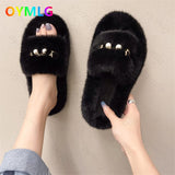 winter new net red hairy slippers for women's outer wear flat-bottomed slippers, wild thick-soled Korean hairy