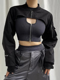 Punk Style Super Cropped Jacket Zip Up Pocket Patchwork Cargo Jackets Women Outfits Streetwear Black Coat Korean