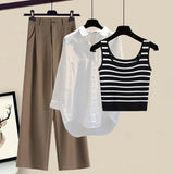 Women Pants Sets Summer Casual Striped Knitted Vest+long Sleeve Sunscreen+wide Leg Long Pant 3 Pieces Set Women Outfits