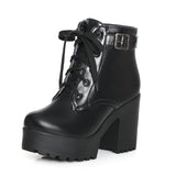 Autumn Fashion Women Boots Square High Heels Platform Buckle Lace Up Pu Short Booties Winter Ladies Shoes 2021