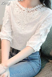 Embroidered Cotton Women's Blouse O Neck Short Sleeve Loose White Tops Summer Flowers Chiffon Shirts Fashion Blusas
