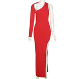 Spring Summer Women Elegant One Shoulder Diagonal Collar Long Evening Dress Sexy Black Red High Split Maxi Party