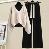 Winter 3 Piece Sets For Women Outfits Korean Casual Basic Top+hollow Out Knitted Sweater+drawstring Pant Sets Women