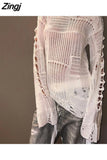 Vintage White Ripped Hole Grunge Sweater Women Casual Loose Jumper Solid Long Pullovers Knitted Hollow Out