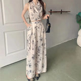 Fashion Casual Satin Printed Set Women's Summer Temperament Elegant Premium Sense Vest Top Wide Leg Pants Two Piece