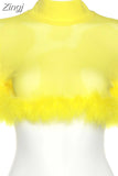 Fur Feather Patchwork Short Sleeve T-shirts Summer Party Y2K Tops 2023 Sexy Women Mesh Sheer See Through Tees