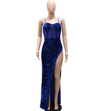 Sexy Black Sequined Mesh Patchwork High Slit Maxi Dress Women Strap Sleeveless Bodycon Night Clubwear Long