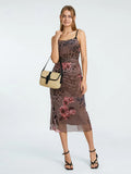 Women Vintage Sling Dress Spaghetti Straps Pleated Flower Print Lace Tulle Patchwork Summer Evening Party Midi