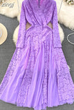 Autumn Women Mesh Patchwork Lace Long Dress Vintage V-Neck A-Line Elegant Party Maxi Robe Purple/White/Green Vestido