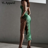Sexy 2022 New Lace Patchwork High Split Backless Party Club Dresses Women Hollow Out Spaghetti Strap Midi Evening