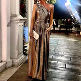 Solid Shiny Ladies Long Dress Fashion Diagonal Collar Backless Sleeveless Party Dress Casual Slim Pleated Pocket