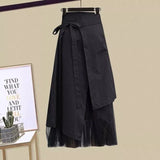Women Winter Patchwork Long Sleeve Knitted Tops + Asymmetric Skirt 2 Piece Suit Female Party Elegant Two Piece