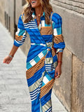Summer Fashion Print Dress Blouse Neck Tie Mid Length Striped Skirt Casual Comfortable Street Women's Wear Dresses