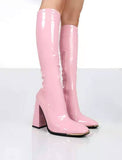 Square Toe Chunky Heel Bright Leather Boots-Outfit