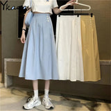 Solid Pleated Skirt High Waist Buttons Yellow Blue White Long Skirts Women Korean Casual Wild A-Line Skirts