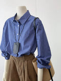 Class Recommendation! Really Good ~ Korean Version Of The Blue Plaid Shirt Women's Loose Collar