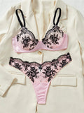 Pink Satin Black Lace Patchwork Lingerie Set- Outfit