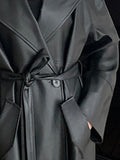 Spring Autumn Long Oversized Black Leather Trench Coat for Women Sashes Single Button Loose Stylish Korean Fashion