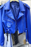Spring Autumn Short Blue Soft Pu Leather Biker Jacket Women Zipper Long Sleeve Belt Cool Luxury Designer Clothes