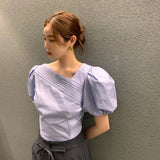 Korean Elegant Chic Blouse Women Summer Pleated Puff Sleeve Shirts Office Lady Fashion Slim Solid Folds V Neck Chic