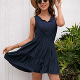 Queens Women Solid Sleeveless Beach Tassel Bohemian Mini Dresses Ladies Polo Neck Loose Boho Dress