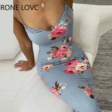 Women Lace Trim Spaghetti Strap Floral Print Bodycon Dress Summer