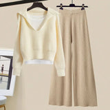 Winter Women Clothing Korean Casual Vest+knitted Sweaters+wide Leg Knitting Wide Leg Pants Sets Ladies Warm Knitwears