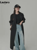 Spring Autumn Extra Long Loose Casual Flowy Black Trench Coat for Women Double Breasted Korean Style Maxi Overcoat
