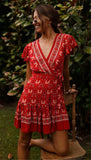 Queens Women Hippie Floral Print Deep V-neck Sashes Bohemian Mini Dress Ladies Short Sleeve Rayon Boho Dresses