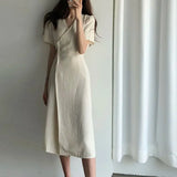 Elegant V Neck Dress Women Vintage Short Sleeve Lace Up High Waist Chic Midi Dress Korean Slim Bandage Button