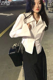 Fit Women White Double Zippers Shirts Turn Down Collar Short Crop Tops High Street Chic Blouse Irregular Length