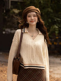 Women's Loose Sweaters 2022 Autumn Winter Soft Waxy Style Turn-down Collar V Neck Contrast Stripe Warm Tops