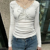 Solid Color Ruffled V-Neck Bow Long Sleeve TeeOutfit
