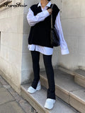 V Neck White Vest Sweater Sleeveless Knitted Women Loose Pullovers Black Oversized Casual Autumn Winter Jumper