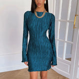 Long Sleeve Pleated Textured Mini Dress- Outfit