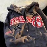 Logo Embroidery Zip Up Oversized Hoodie-Outfit
