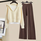 Winter Women Clothing Korean Casual Vest+knitted Sweaters+wide Leg Knitting Wide Leg Pants Sets Ladies Warm Knitwears