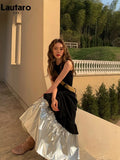 Spring Autumn Fairy Sliver Ruffled Pu Leather Midi Tiered Skirt Women High Waist Long Luxury Designer Clothes