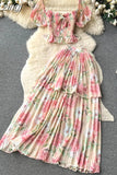 Women Floral Chiffon Two Piece Set Sexy Square Collar Short Puff Sleeve Tops + Ruffle Pleated Midi Skirt Beach 2Pcs
