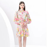 High-End Squeer Hook Lace Dress Women's Waists Thin High-Collar Lantern Sleeves A-Shaped