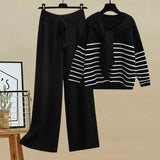 Winter Knitwear Two Piece Sets For Women Outfits Korean Casual Striped Knitted Sweater And Wide Leg Knitting Pants
