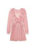 2022 Summer Women Vintage Mini Dress Long Sleeve Solid Cascading Ruffle Chiffon Female Elegant Sweet Dresses