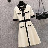 Dresses For Women Knitted Sweater Dress Bow Tie Button Vintage Party Mini Dress Elegant Casual Vestido
