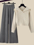 Winter Thick Knit Two Piece Sets Women Outfits Ladies Elegant Twist Knitted Sweater And Wide Leg Pant Sets Women