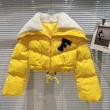 2022 Winter Long Sleeve Lambswool Sailor Collar Short Cotton Coat Women Drawstring Jacket