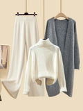 Winter Warm Knitwear Sets For Womens Elegant Turtleneck Sweater+long Knitted Jackets+wide Leg Knitting Pants Sets 2023