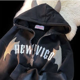 Horn Little Devil Letter Embroidered Zipper Hoodies Women Y2K Street Retro Trend Cardigan Couple Fashion